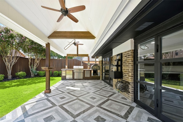 view of patio with an outdoor kitchen, ceiling fan, grilling area, and french doors