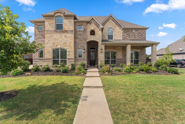 1641 Cypress Lake Ln, Prosper, TX 75078 - french country inspired facade featuring a front yard, stone siding, brick siding, and a shingled roof