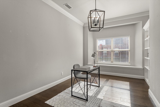 office area with ornamental molding, dark hardwood / wood-style floors, and a notable chandelier