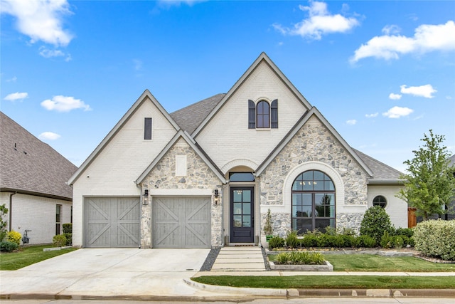 french country inspired facade featuring a garage, brick siding, roof with shingles, and driveway