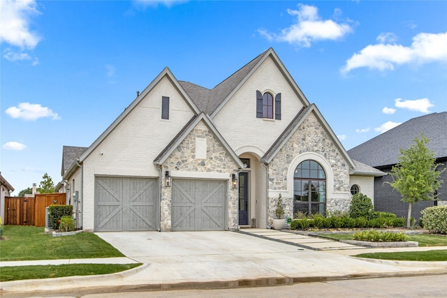 french country inspired facade featuring brick siding, concrete driveway, a garage, and fence