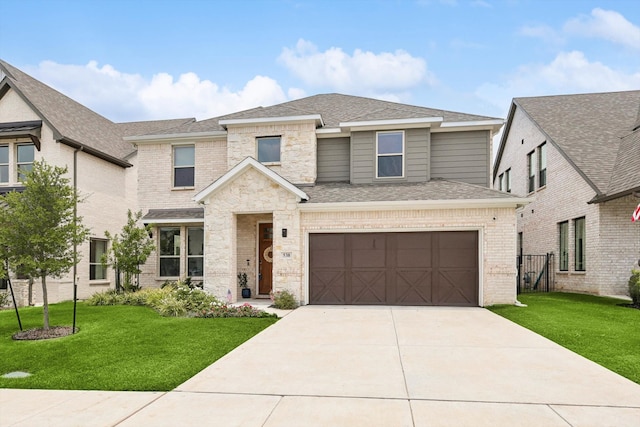 view of front of home with a garage and a front lawn