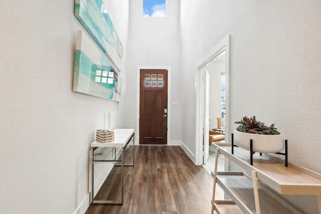 entryway with dark hardwood / wood-style floors and a towering ceiling