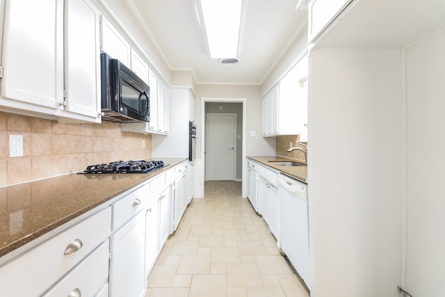 kitchen featuring black appliances, white cabinetry, sink, and ornamental molding