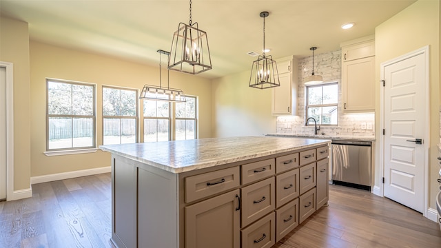 kitchen with a kitchen island, plenty of natural light, hanging light fixtures, and dishwasher