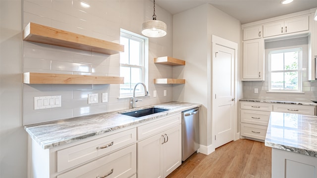 kitchen with stainless steel dishwasher, sink, and white cabinets