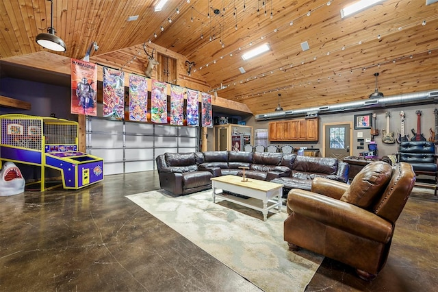 living room with wooden ceiling and a high ceiling