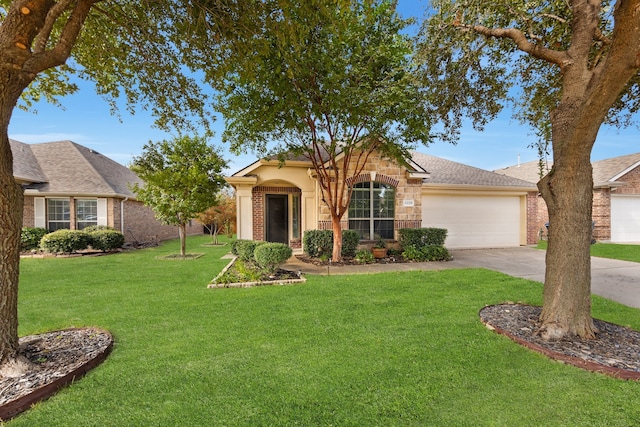 ranch-style house featuring a garage and a front yard