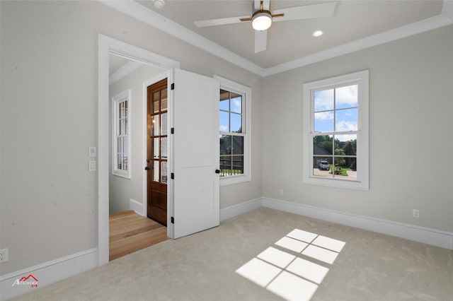 spare room with ceiling fan, light colored carpet, and ornamental molding