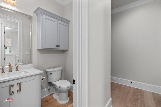 bathroom with wood-type flooring, toilet, and vanity