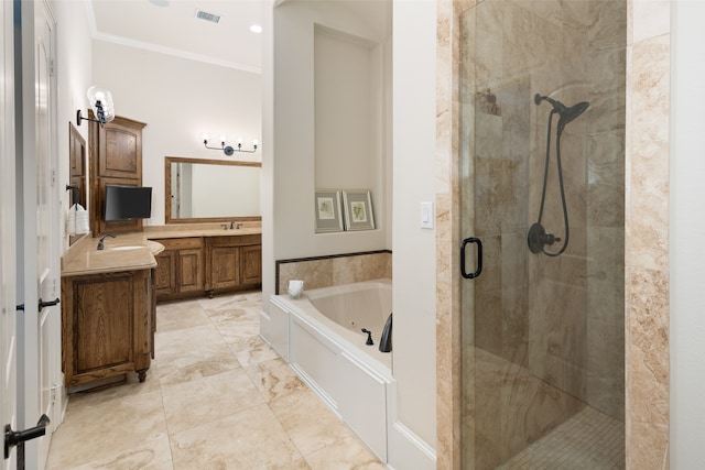 bathroom with shower with separate bathtub, vanity, and ornamental molding