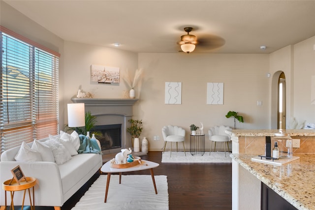 living room with ceiling fan and dark hardwood / wood-style floors