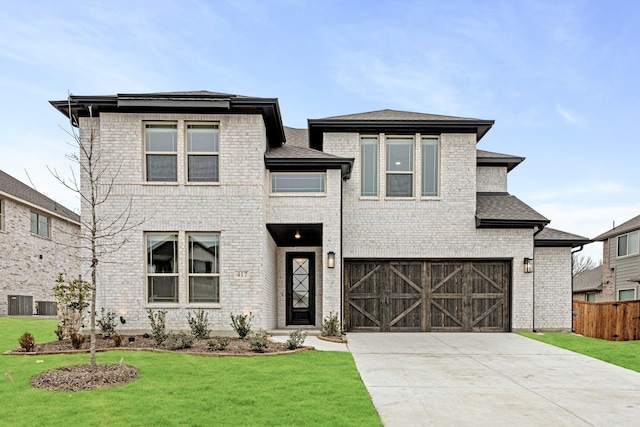 view of front of home featuring a garage, a front lawn, and central air condition unit