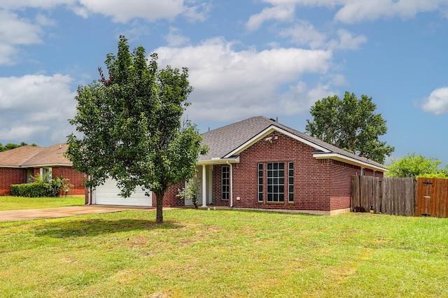 single story home with a garage, brick siding, fence, concrete driveway, and a front lawn