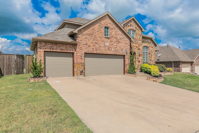 view of property with a garage and a front lawn