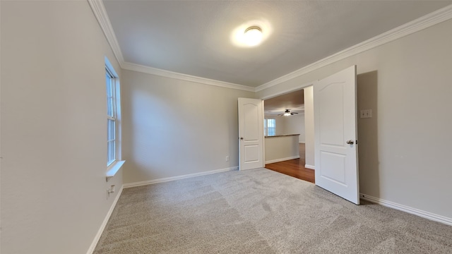 spare room with ornamental molding and light carpet