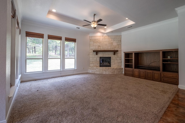 unfurnished living room featuring crown molding, a raised ceiling, and a stone fireplace