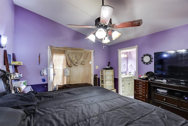 108 5th St, Whitney, TX 76692 - bedroom with lofted ceiling, ensuite bath, and a ceiling fan