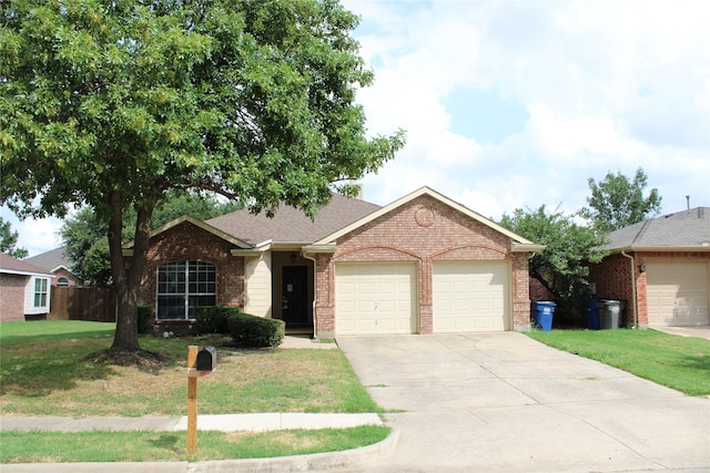 ranch-style house with a garage and a front yard