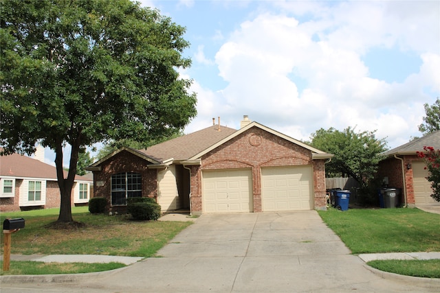 ranch-style home with a garage and a front yard