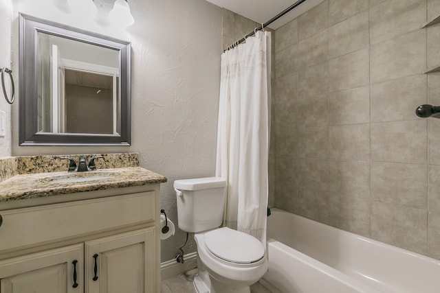 full bathroom with shower / bath combination with curtain, toilet, and vanity