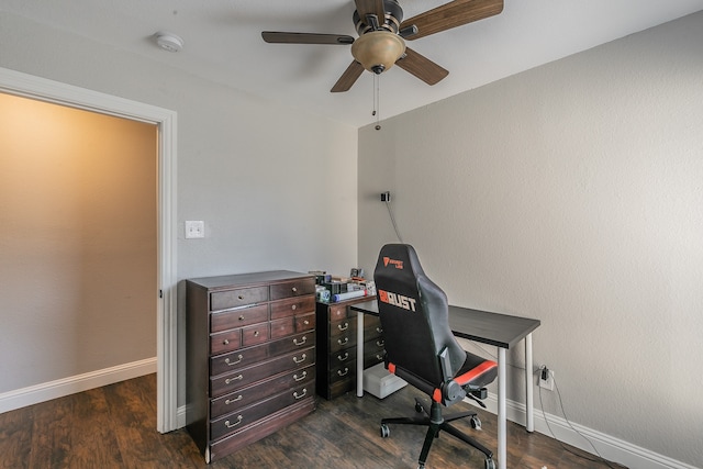 office area featuring dark hardwood / wood-style flooring and ceiling fan