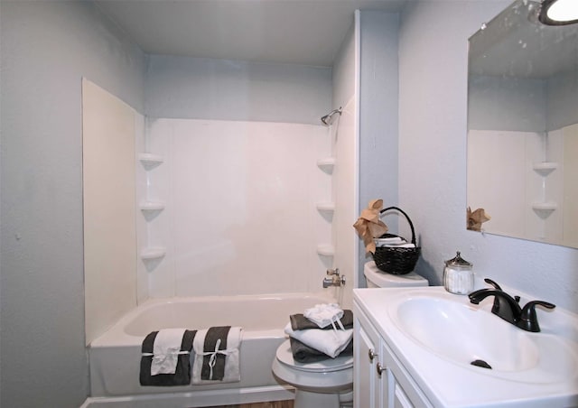 full bathroom featuring hardwood / wood-style flooring, shower / bathtub combination, vanity, and toilet