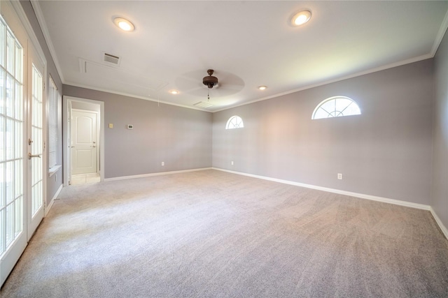 carpeted empty room with ornamental molding