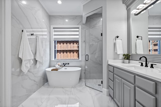 bathroom featuring vanity, ornamental molding, and plus walk in shower