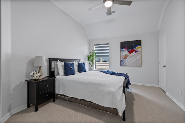 bedroom featuring light carpet, lofted ceiling, ornamental molding, and ceiling fan