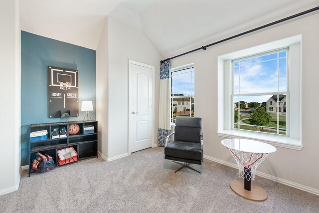 living area with vaulted ceiling and carpet flooring