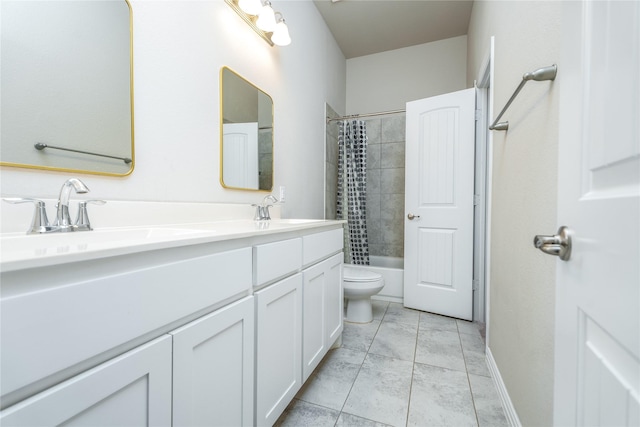 full bathroom with vanity, shower / tub combo with curtain, tile patterned floors, and toilet