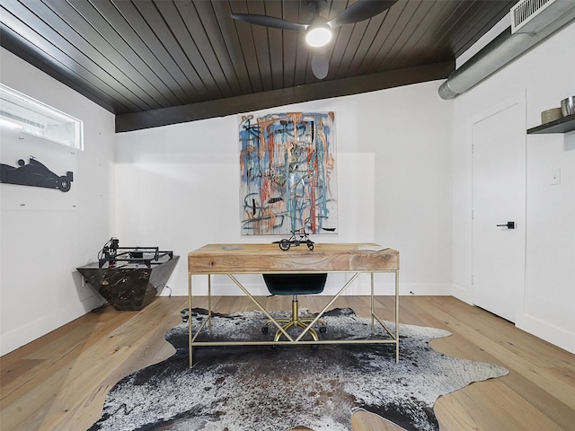 interior space featuring hardwood / wood-style floors, wood ceiling, and ceiling fan