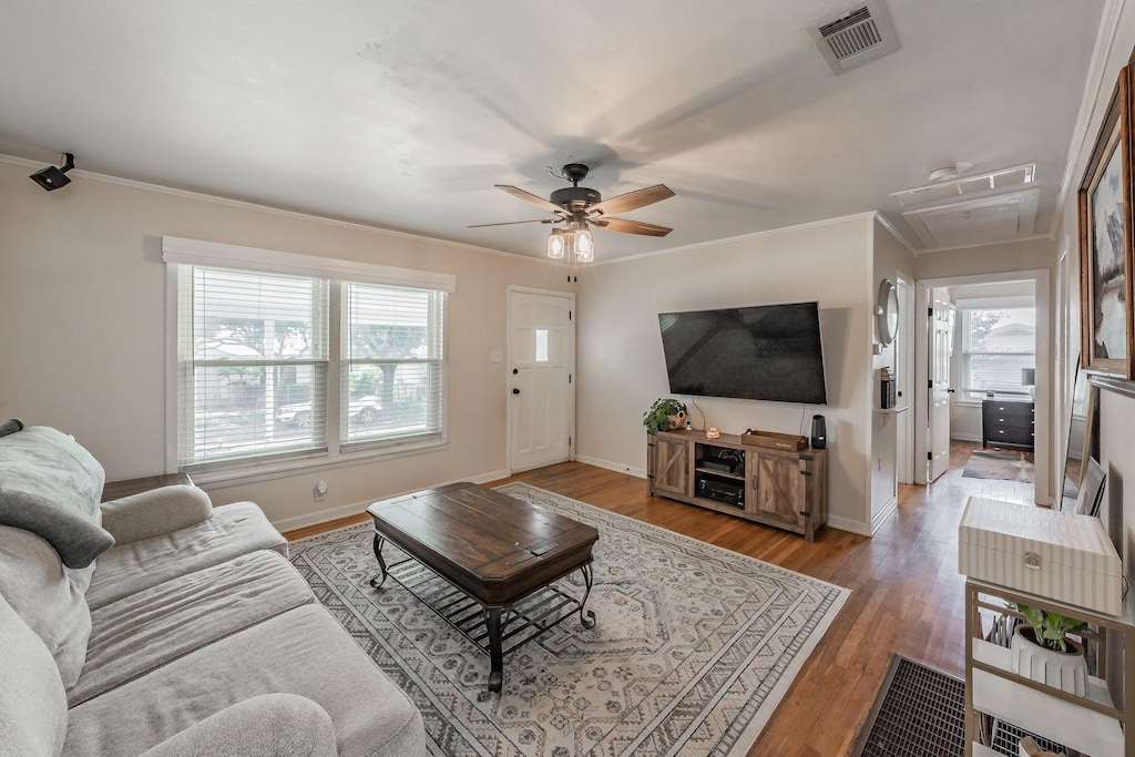 living room featuring a healthy amount of sunlight, wood-type flooring, and ornamental molding