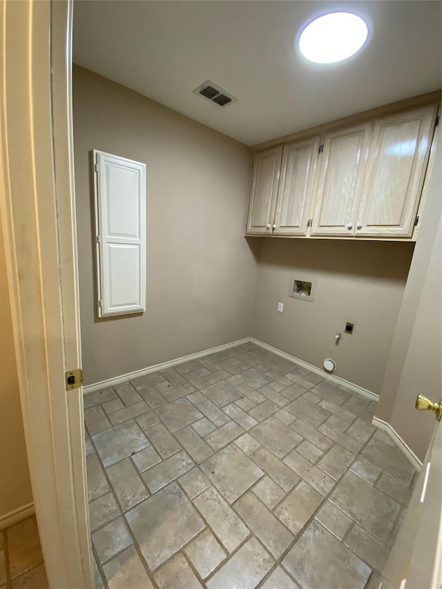 laundry room with hookup for a gas dryer, hookup for an electric dryer, visible vents, cabinet space, and hookup for a washing machine