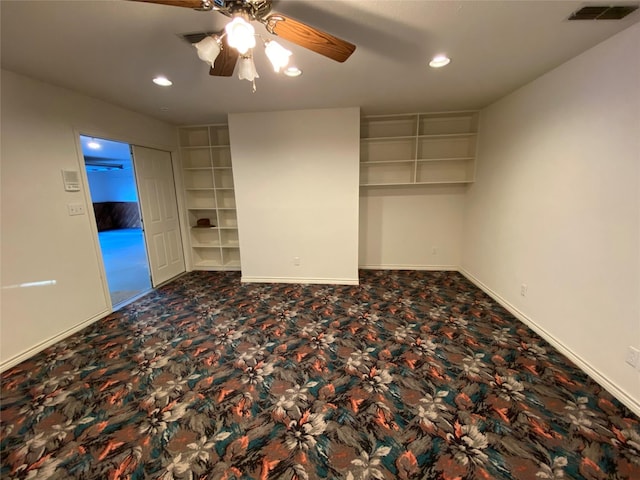 unfurnished bedroom featuring recessed lighting, carpet, baseboards, visible vents, and a ceiling fan