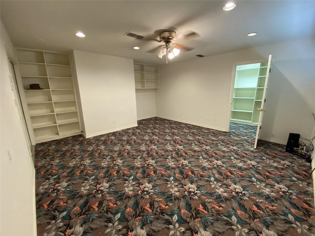 carpeted spare room with recessed lighting, baseboards, ceiling fan, and visible vents
