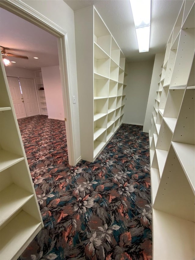 spacious closet with carpet and a ceiling fan