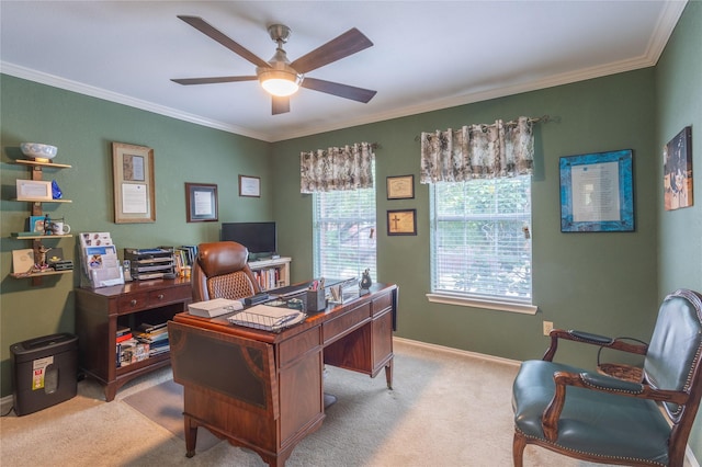 office space featuring ceiling fan, ornamental molding, and light carpet