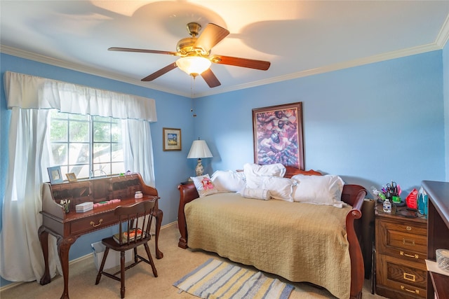 bedroom featuring ornamental molding, light colored carpet, and ceiling fan