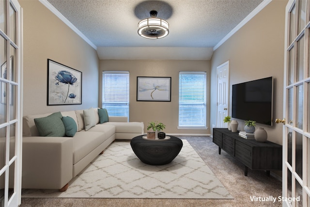 carpeted living room featuring crown molding, french doors, and a textured ceiling