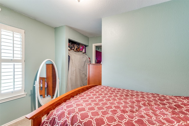 bedroom with carpet floors, multiple windows, and a closet