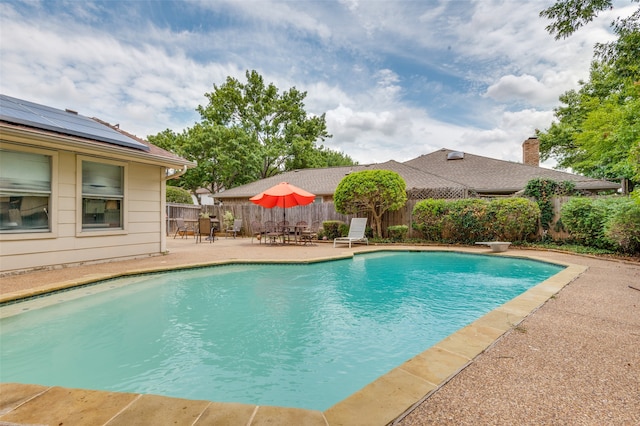 view of pool featuring a diving board and a patio area