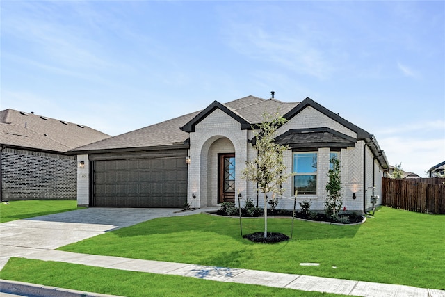 view of front of home with a front yard and a garage