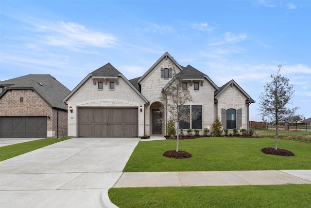 french provincial home with a front yard and a garage