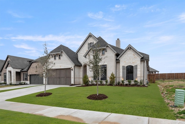 french country style house featuring a front yard and a garage