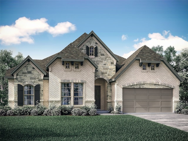 french provincial home with a garage and a front lawn