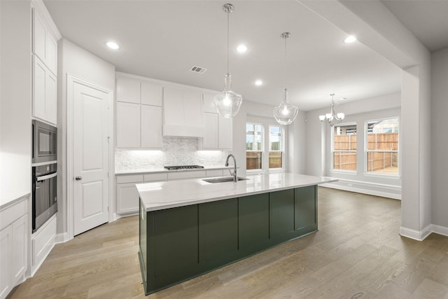 kitchen featuring a center island with sink, sink, custom exhaust hood, white cabinetry, and stainless steel appliances