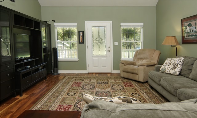 living room with dark wood-type flooring