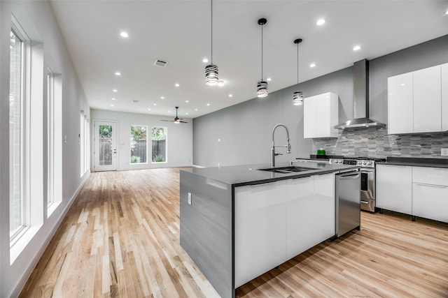 kitchen with white cabinetry, stainless steel appliances, sink, and wall chimney range hood